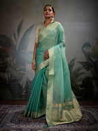 Monjolika Fashion Moiety Light Blue Soft Tissue Silk Saree With Tissue Brocade Blouse Piece