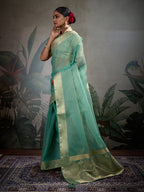 Monjolika Fashion Moiety Light Blue Soft Tissue Silk Saree With Tissue Brocade Blouse Piece