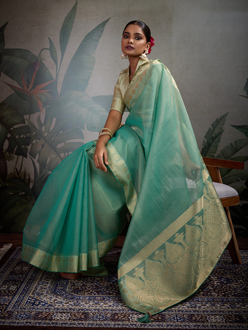 Monjolika Fashion Moiety Light Blue Soft Tissue Silk Saree With Tissue Brocade Blouse Piece