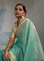 Monjolika Fashion Moiety Light Blue Soft Tissue Silk Saree With Tissue Brocade Blouse Piece