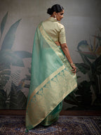 Monjolika Fashion Moiety Light Blue Soft Tissue Silk Saree With Tissue Brocade Blouse Piece