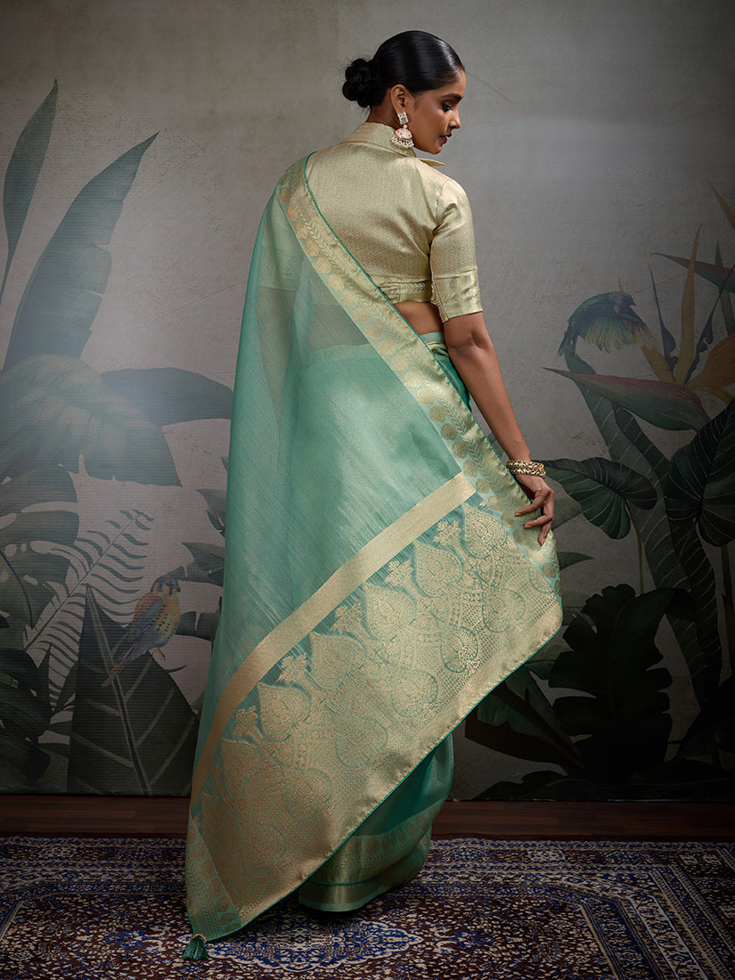 Monjolika Fashion Moiety Light Blue Soft Tissue Silk Saree With Tissue Brocade Blouse Piece