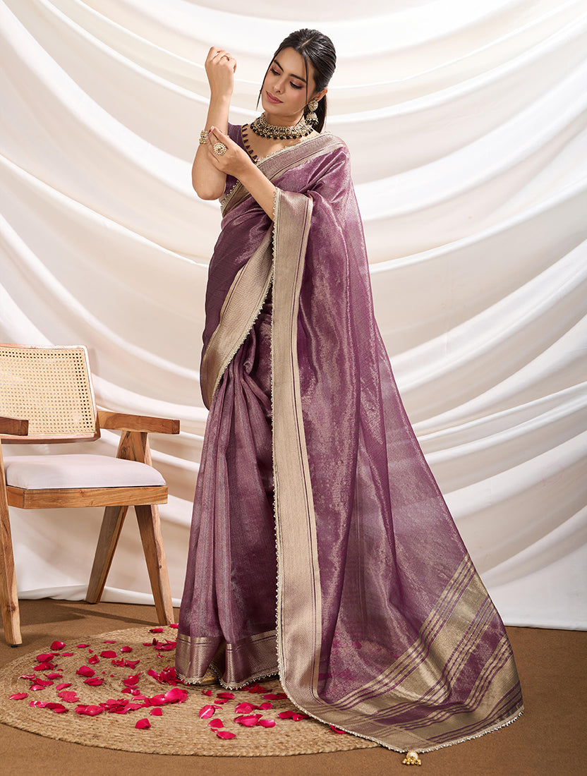 Monjolika Fashion Plum Color Soft Linen Tissue Designer Border Work Saree