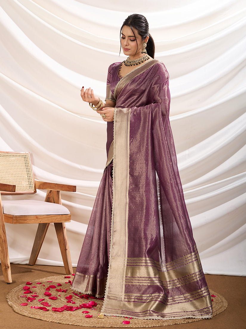 Monjolika Fashion Plum Color Soft Linen Tissue Designer Border Work Saree