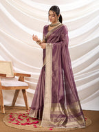 Monjolika Fashion Plum Color Soft Linen Tissue Designer Border Work Saree