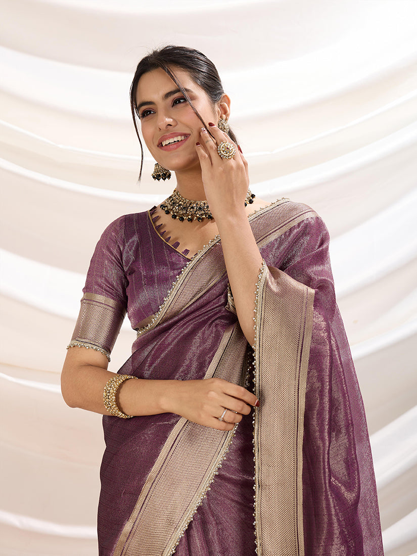 Monjolika Fashion Plum Color Soft Linen Tissue Designer Border Work Saree