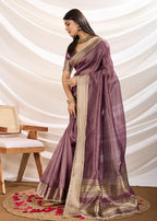 Monjolika Fashion Plum Color Soft Linen Tissue Designer Border Work Saree