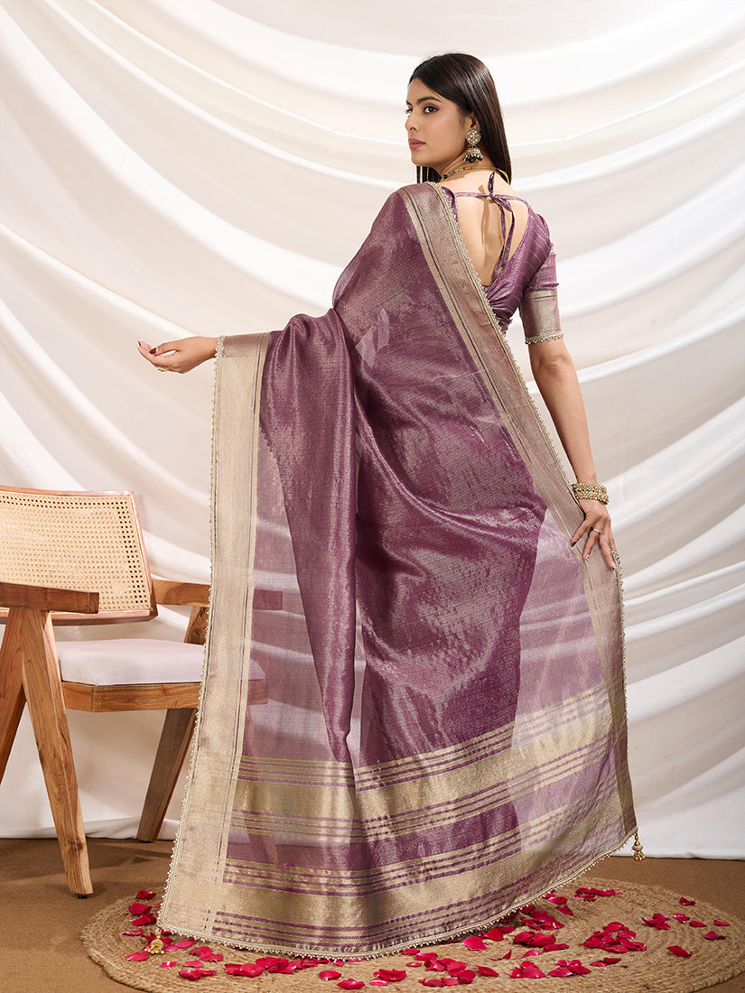 Monjolika Fashion Plum Color Soft Linen Tissue Designer Border Work Saree