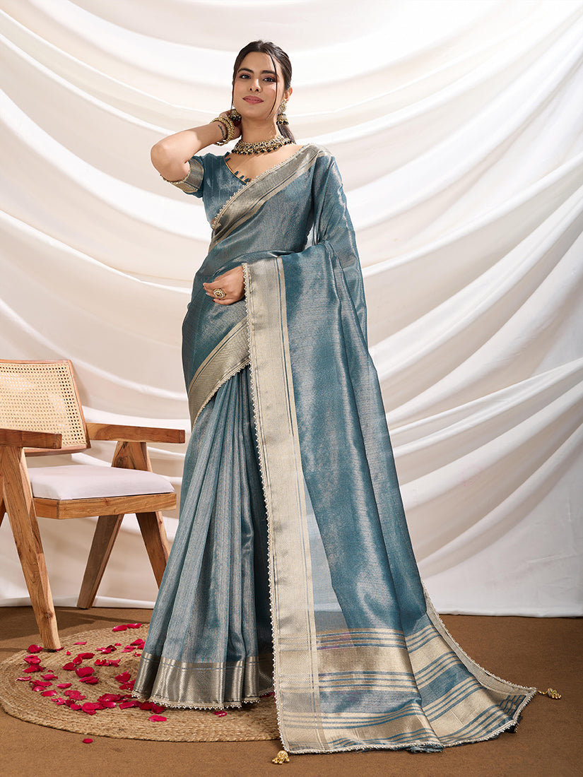 Monjolika Fashion Aqua Blue Color Soft Linen Tissue Designer Border Work Saree