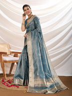 Monjolika Fashion Aqua Blue Color Soft Linen Tissue Designer Border Work Saree