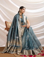 Monjolika Fashion Aqua Blue Color Soft Linen Tissue Designer Border Work Saree