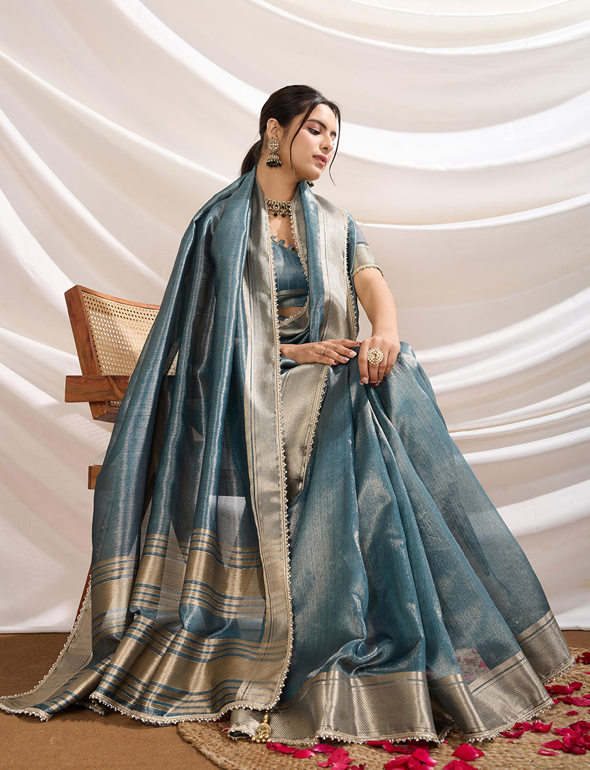 Monjolika Fashion Aqua Blue Color Soft Linen Tissue Designer Border Work Saree