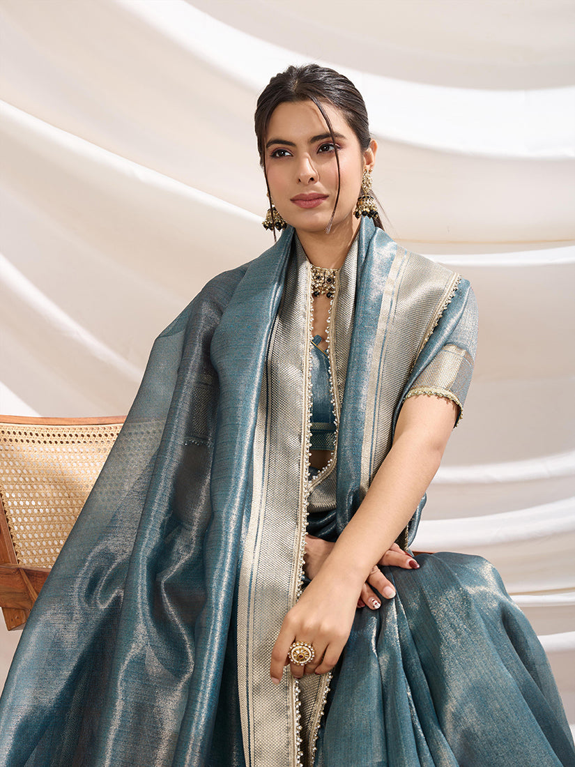 Monjolika Fashion Aqua Blue Color Soft Linen Tissue Designer Border Work Saree