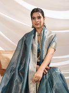 Monjolika Fashion Aqua Blue Color Soft Linen Tissue Designer Border Work Saree