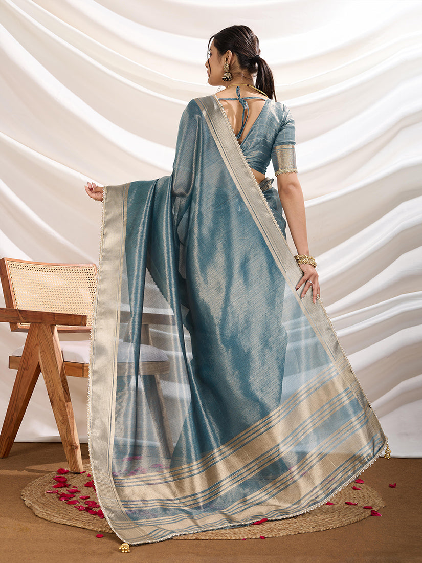 Monjolika Fashion Aqua Blue Color Soft Linen Tissue Designer Border Work Saree