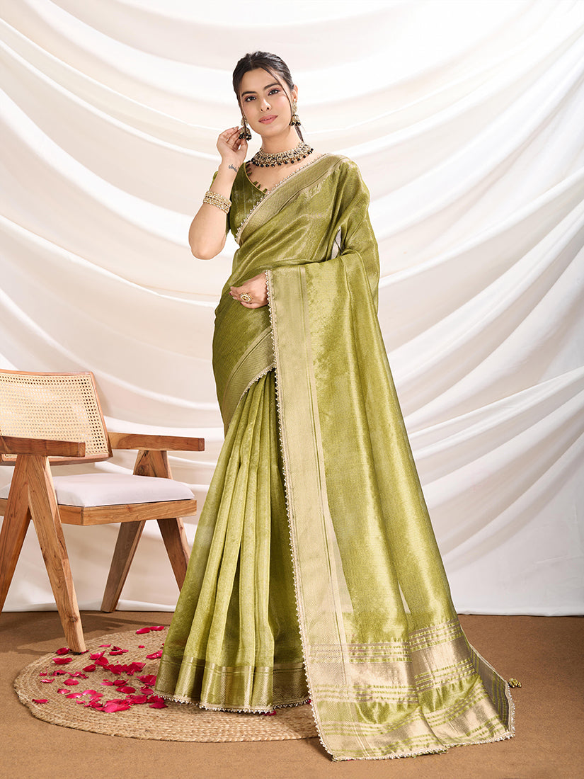 Monjolika Fashion Light Green Color Soft Linen Tissue Designer Border Work Saree