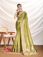 Monjolika Fashion Light Green Color Soft Linen Tissue Designer Border Work Saree