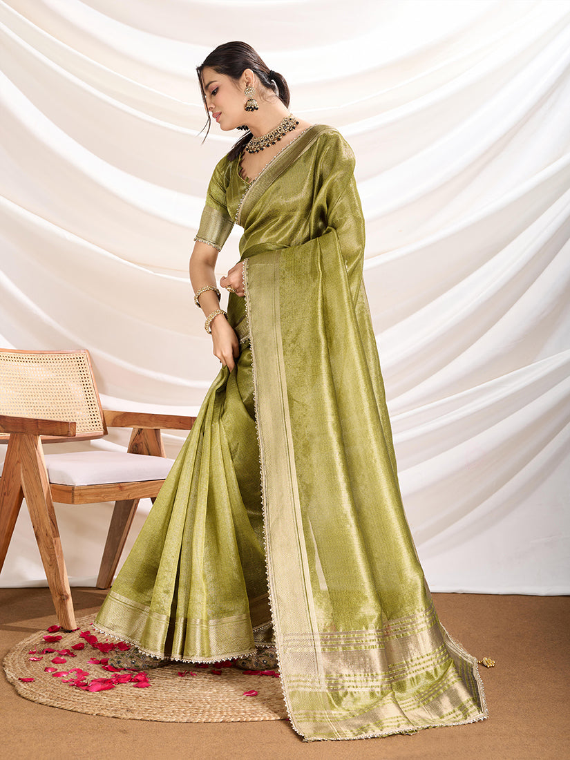 Monjolika Fashion Light Green Color Soft Linen Tissue Designer Border Work Saree