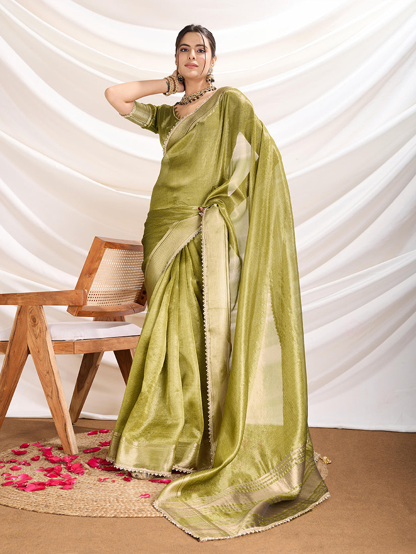 Monjolika Fashion Light Green Color Soft Linen Tissue Designer Border Work Saree