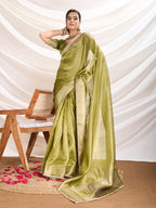 Monjolika Fashion Light Green Color Soft Linen Tissue Designer Border Work Saree
