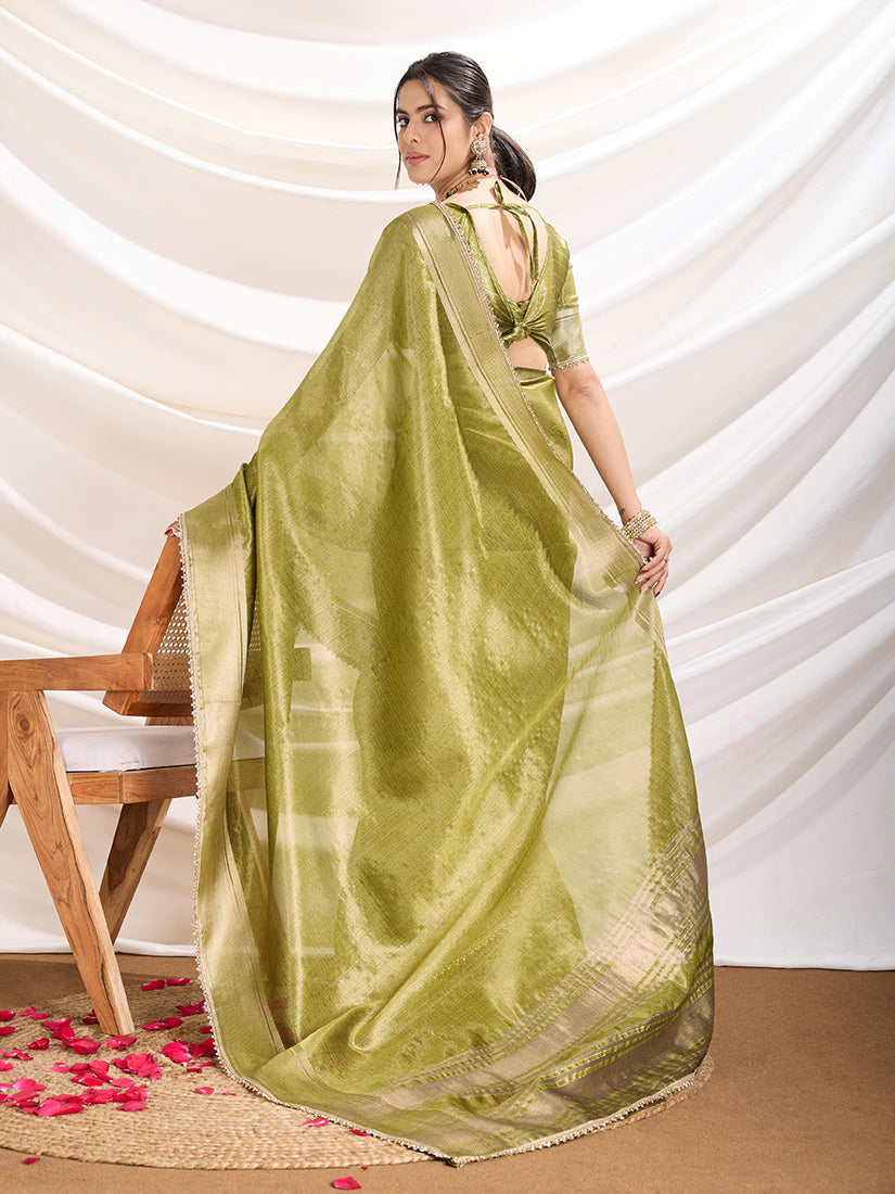 Monjolika Fashion Light Green Color Soft Linen Tissue Designer Border Work Saree