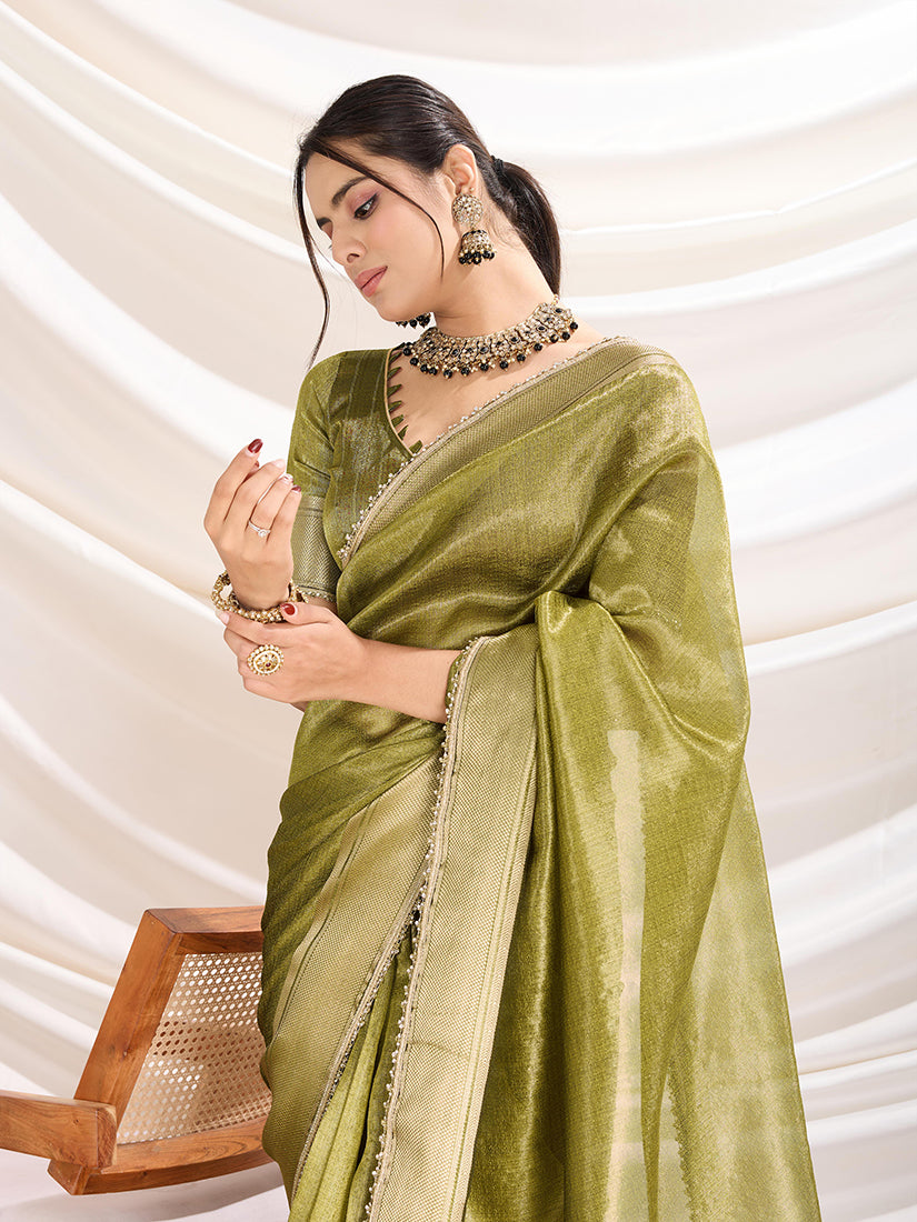 Monjolika Fashion Light Green Color Soft Linen Tissue Designer Border Work Saree