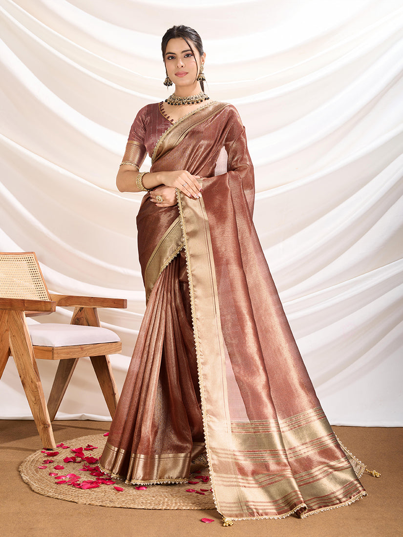 Monjolika Fashion Rust Color Soft Linen Tissue Designer Border Work Saree