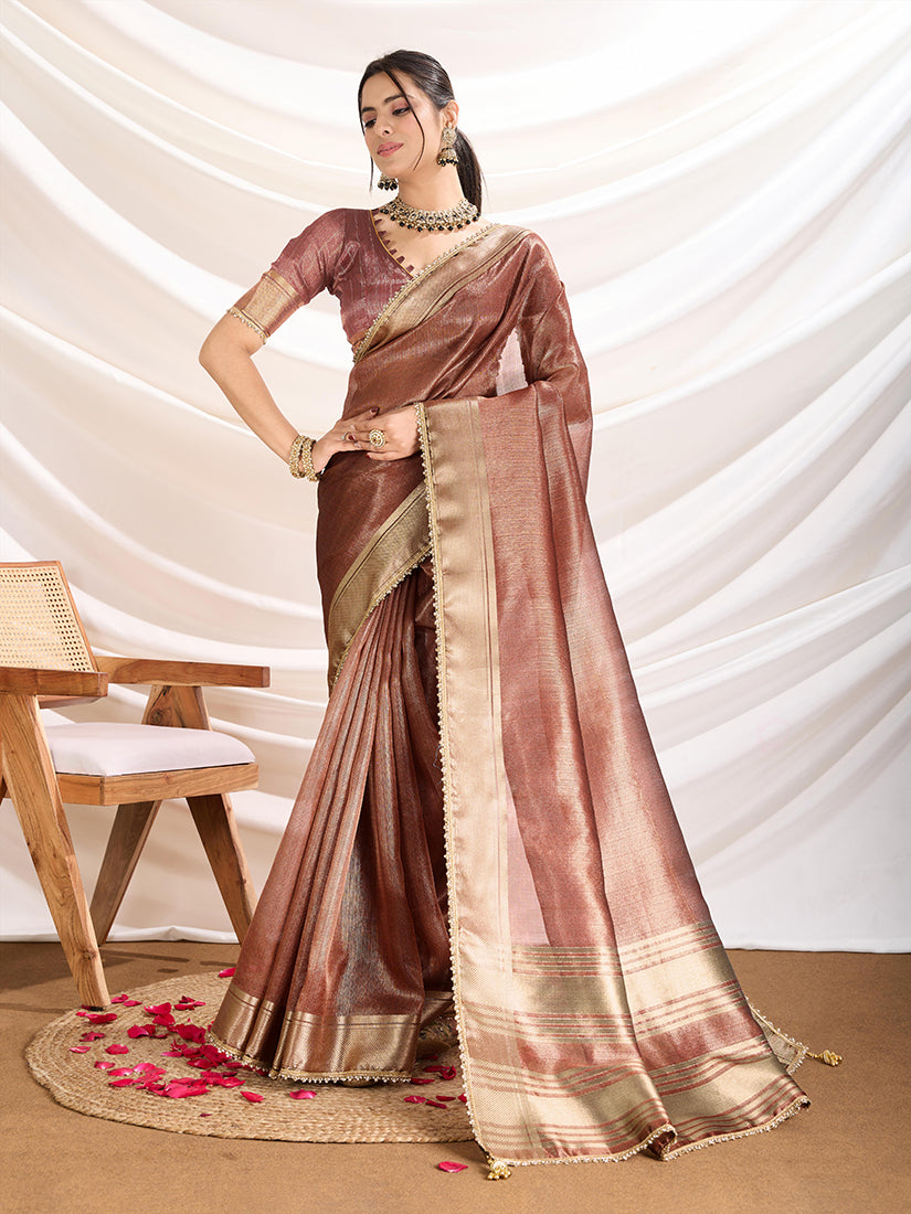 Monjolika Fashion Rust Color Soft Linen Tissue Designer Border Work Saree