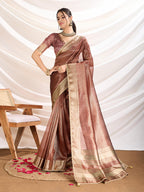 Monjolika Fashion Rust Color Soft Linen Tissue Designer Border Work Saree