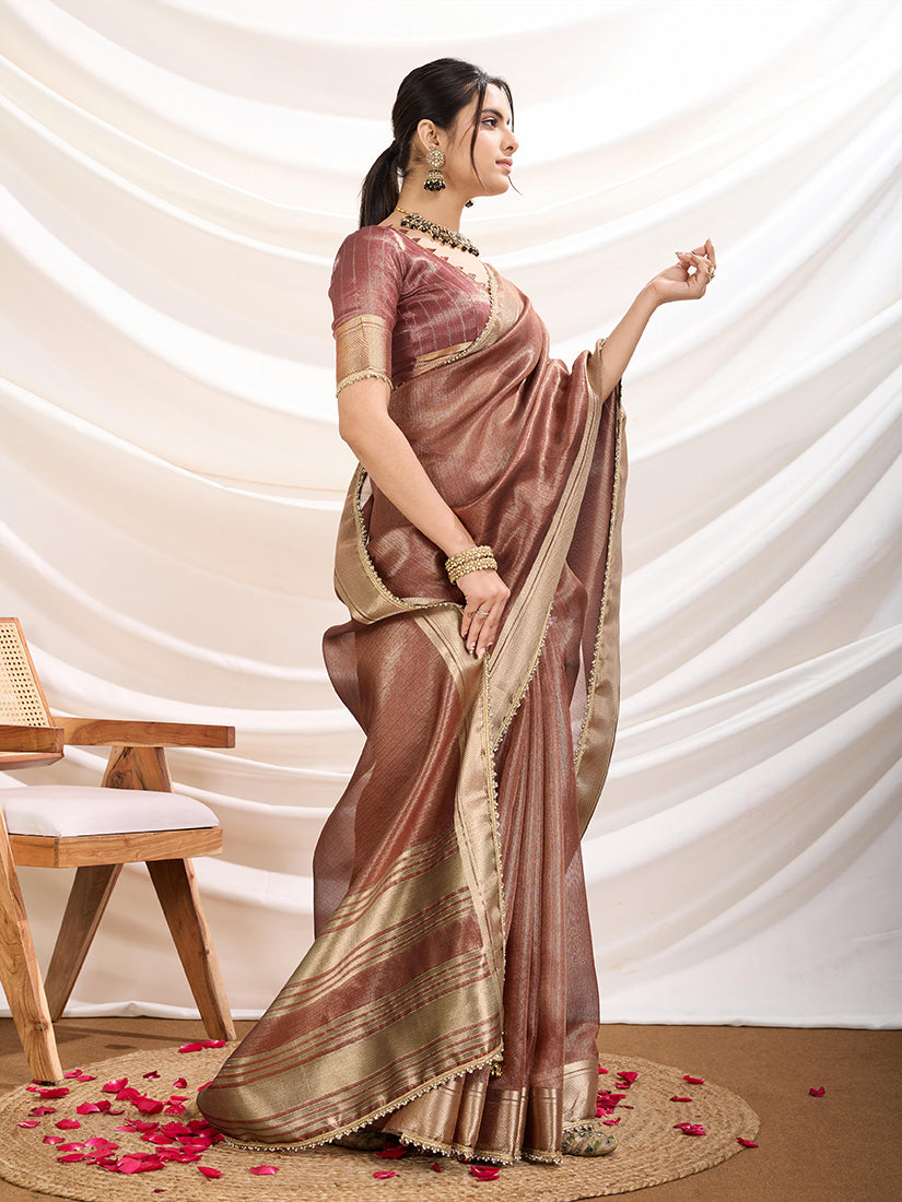 Monjolika Fashion Rust Color Soft Linen Tissue Designer Border Work Saree