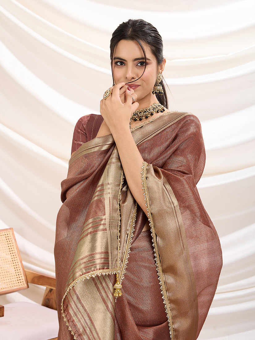 Monjolika Fashion Rust Color Soft Linen Tissue Designer Border Work Saree