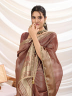 Monjolika Fashion Rust Color Soft Linen Tissue Designer Border Work Saree