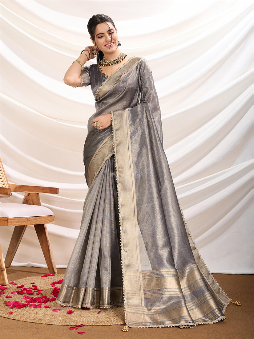 Monjolika Fashion Grey Color Soft Linen Tissue Designer Border Work Saree