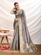 Monjolika Fashion Grey Color Soft Linen Tissue Designer Border Work Saree