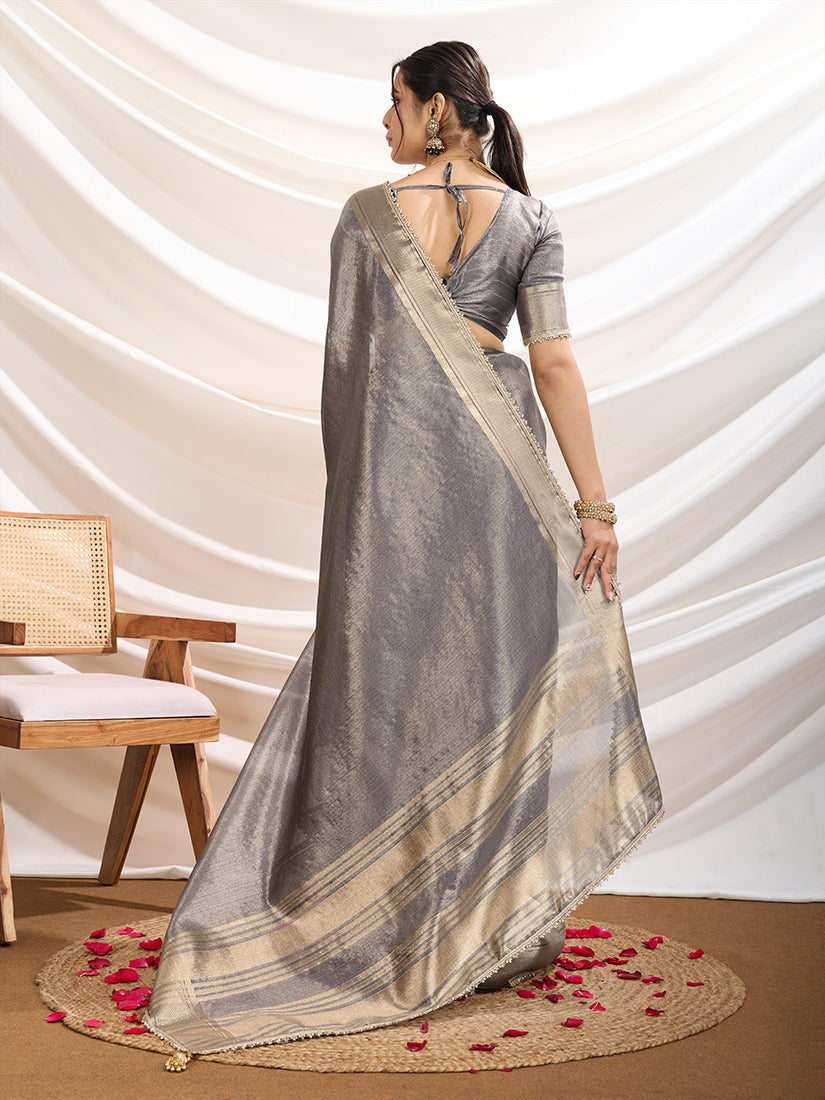 Monjolika Fashion Grey Color Soft Linen Tissue Designer Border Work Saree