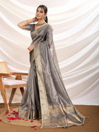 Monjolika Fashion Grey Color Soft Linen Tissue Designer Border Work Saree