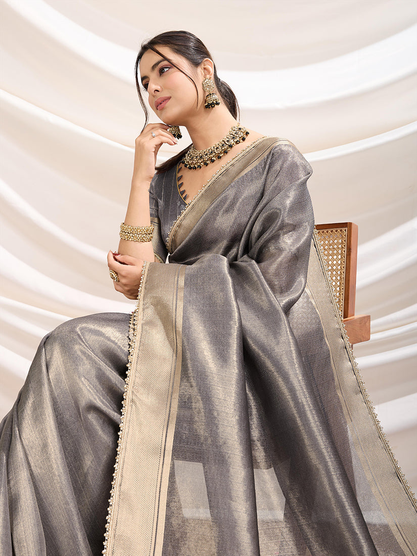 Monjolika Fashion Grey Color Soft Linen Tissue Designer Border Work Saree