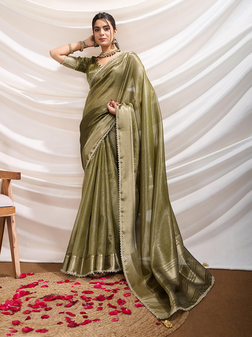 Monjolika Fashion Olive Green Color Soft Linen Tissue Designer Border Work Saree