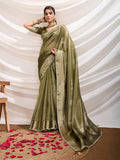 Monjolika Fashion Olive Green Color Soft Linen Tissue Designer Border Work Saree