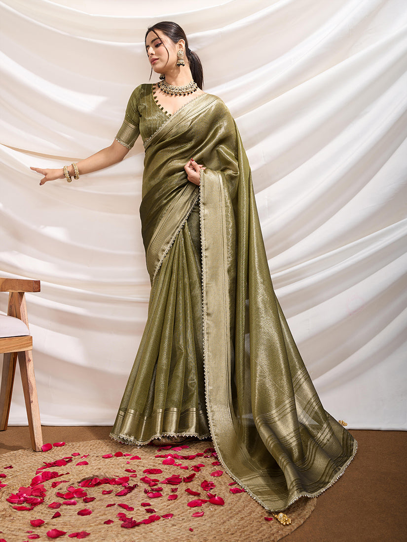 Monjolika Fashion Olive Green Color Soft Linen Tissue Designer Border Work Saree