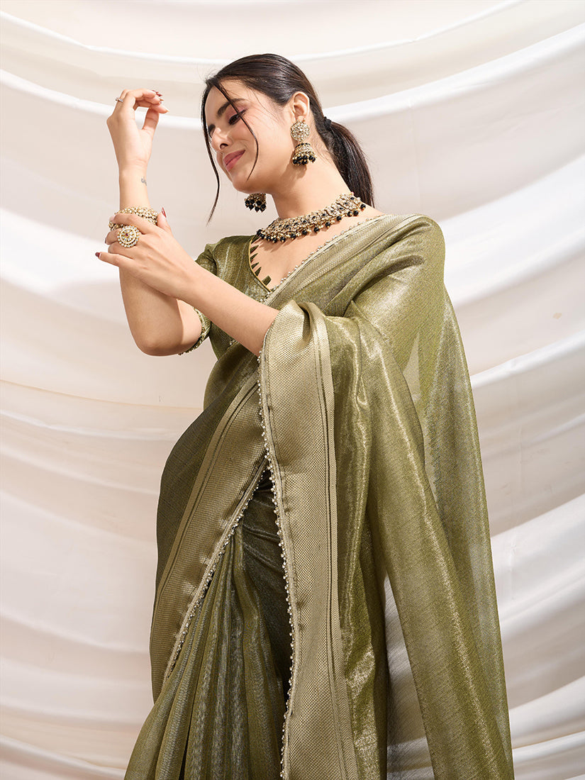 Monjolika Fashion Olive Green Color Soft Linen Tissue Designer Border Work Saree