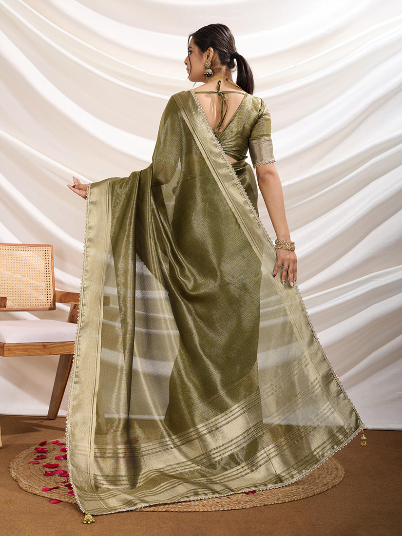 Monjolika Fashion Olive Green Color Soft Linen Tissue Designer Border Work Saree