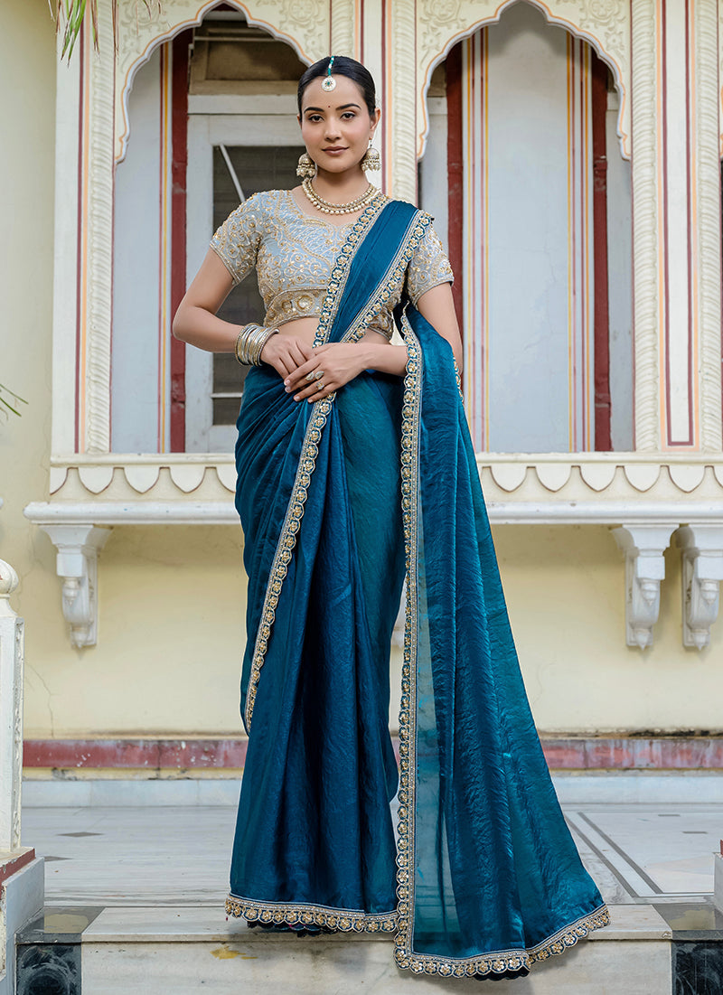 Monjolika Fashion Divine Teal Blue Satin Velvet Saree With Bewitching Blouse Piece