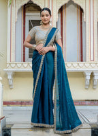 Monjolika Fashion Divine Teal Blue Satin Velvet Saree With Bewitching Blouse Piece