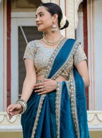Monjolika Fashion Divine Teal Blue Satin Velvet Saree With Bewitching Blouse Piece