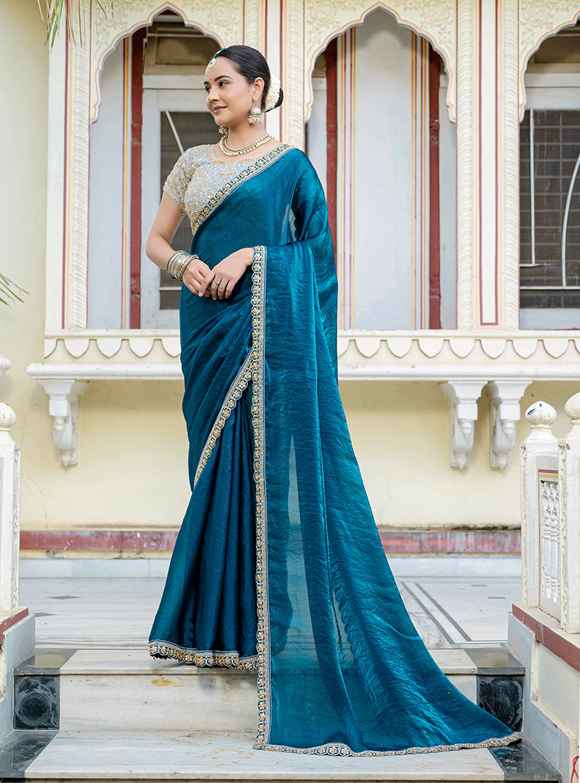 Monjolika Fashion Divine Teal Blue Satin Velvet Saree With Bewitching Blouse Piece