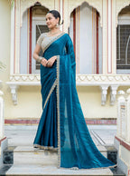 Monjolika Fashion Divine Teal Blue Satin Velvet Saree With Bewitching Blouse Piece