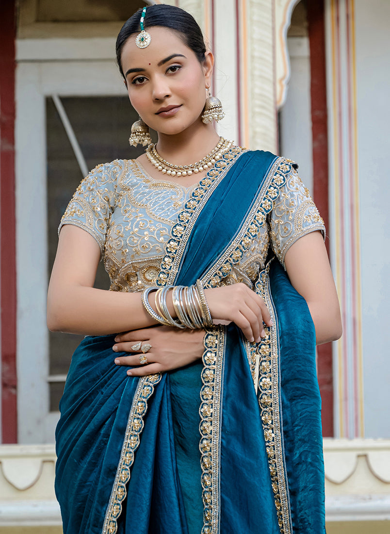 Monjolika Fashion Divine Teal Blue Satin Velvet Saree With Bewitching Blouse Piece