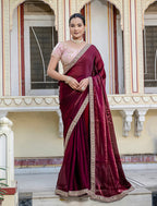 Monjolika Fashion Divine Maroon Satin Velvet Saree With Bewitching Blouse Piece