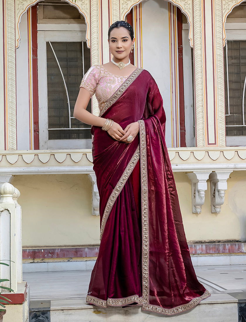 Monjolika Fashion Divine Maroon Satin Velvet Saree With Bewitching Blouse Piece